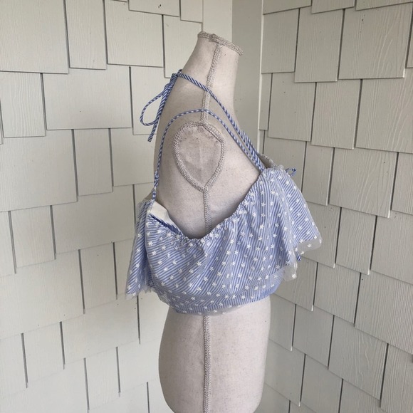 Do + Be Women's Blue/White Striped Floral Tulle Ruffle Neck Halter Crop Top sz M - Picture 3 of 5